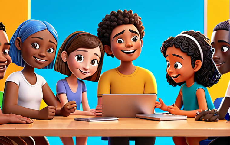 **A group of diverse cartoon characters, each representing different cultures and backgrounds, interacting positively in a vibrant, inclusive online learning environment. The scene emphasizes collaboration and equal opportunity, avoiding stereotypes.**