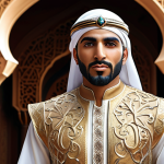 **Prompt:** A heroic Arabic character design, inspired by classic Arabian folklore. He should have a strong, benevolent face and wear traditional attire with ornate details. The overall aesthetic should evoke feelings of adventure and honor.