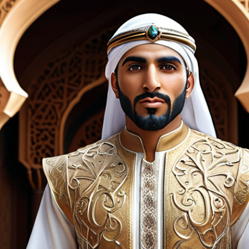 **Prompt:** A heroic Arabic character design, inspired by classic Arabian folklore. He should have a strong, benevolent face and wear traditional attire with ornate details. The overall aesthetic should evoke feelings of adventure and honor.