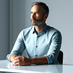 A professional character designer, a male in his late 30s, is seated at a sleek, minimalist desk in a modern, sunlit design studio. He wears a modest, stylish business casual shirt and trousers. His expression is thoughtful and focused, as he gazes at a large, transparent holographic display showcasing intricate 3D character models in various poses. The models themselves embody elegance, subtly incorporating design elements that reflect cultural depth and modern aesthetics. The scene is captured with professional photography, emphasizing clean lines and soft lighting.
    fully clothed, appropriate attire, modest clothing, professional dress, safe for work, appropriate content, perfect anatomy, correct proportions, natural pose, well-formed hands, proper finger count, natural body proportions, high quality, intricate details.