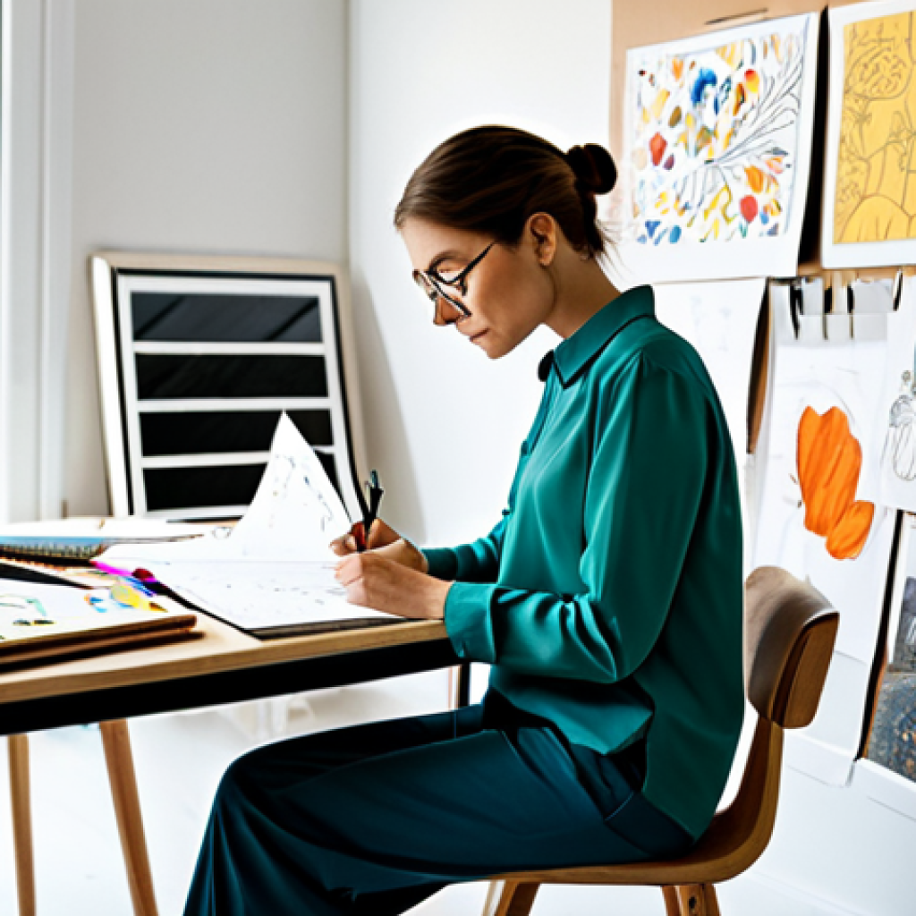 Inspiration Gathering**
"A character designer in a bright, modern studio, surrounded by mood boards filled with colorful images and sketches. She is wearing a modest, stylish outfit, fully clothed, perhaps a long-sleeved blouse and comfortable pants. She is sketching in a notebook, looking inspired. Natural lighting, professional photography, perfect anatomy, correct proportions, family-friendly, safe for work, appropriate content."
**