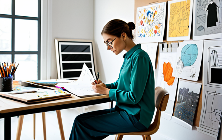 Inspiration Gathering**
"A character designer in a bright, modern studio, surrounded by mood boards filled with colorful images and sketches. She is wearing a modest, stylish outfit, fully clothed, perhaps a long-sleeved blouse and comfortable pants. She is sketching in a notebook, looking inspired. Natural lighting, professional photography, perfect anatomy, correct proportions, family-friendly, safe for work, appropriate content."
**