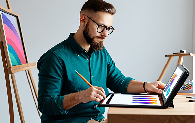 Graphic Designer at Work**
A professional graphic designer, fully clothed in modest attire, working on a digital painting using a tablet and stylus in a bright, modern studio. The scene showcases various design elements and color palettes. Safe for work, appropriate content, perfect anatomy, well-formed hands, natural proportions, professional.
**