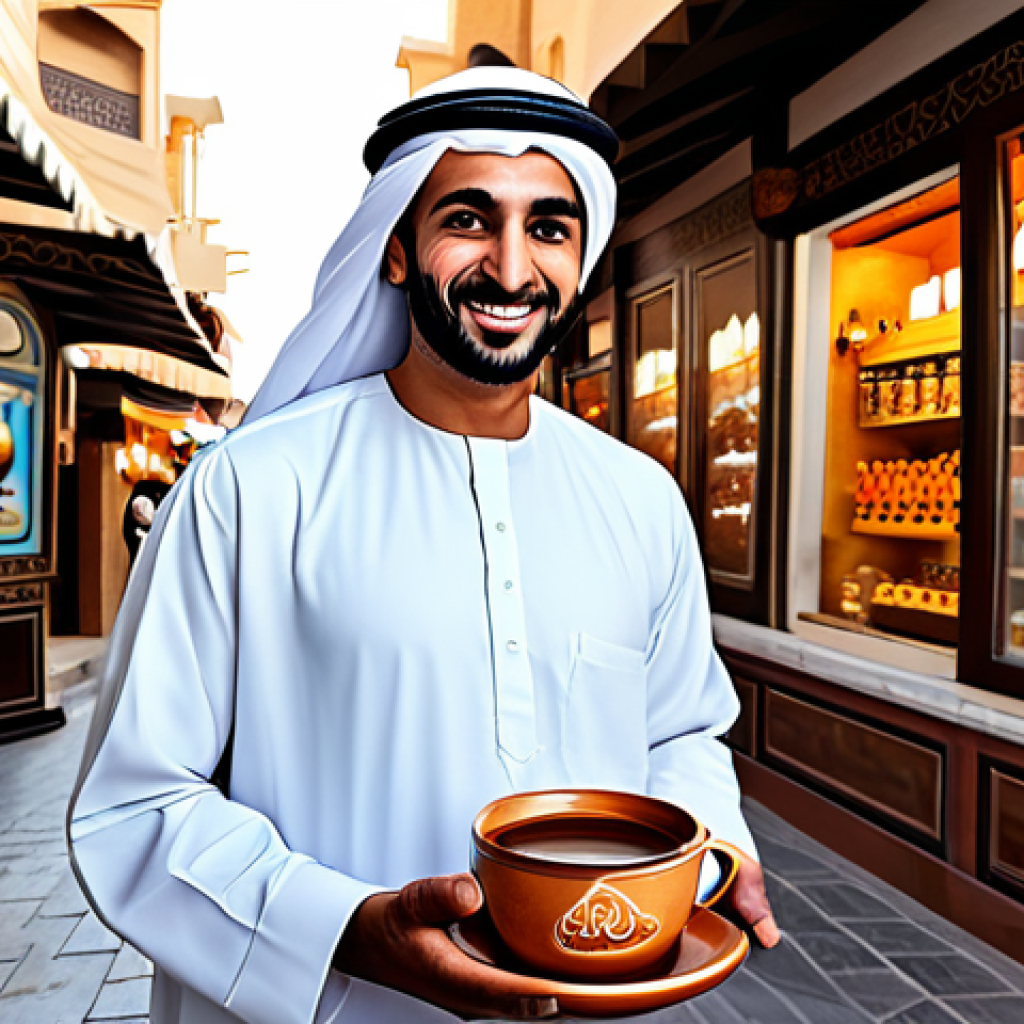 캐릭터 디자인 관련 비즈니스 사례 연구 - Authentic Brand Mascot**
"A friendly Arab character, 'Am Qahwa' style, fully clothed in traditional...