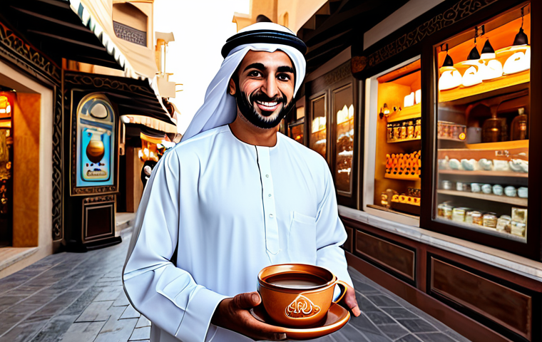 캐릭터 디자인 관련 비즈니스 사례 연구 - Authentic Brand Mascot**
"A friendly Arab character, 'Am Qahwa' style, fully clothed in traditional...