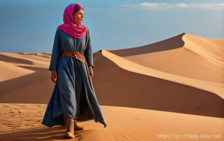 캐릭터 디자인 포트폴리오 퀄리티 업그레이드 - **Prompt 1: "The Desert Nomad's Discovery"**
    A full-body digital painting of a resilient female ...