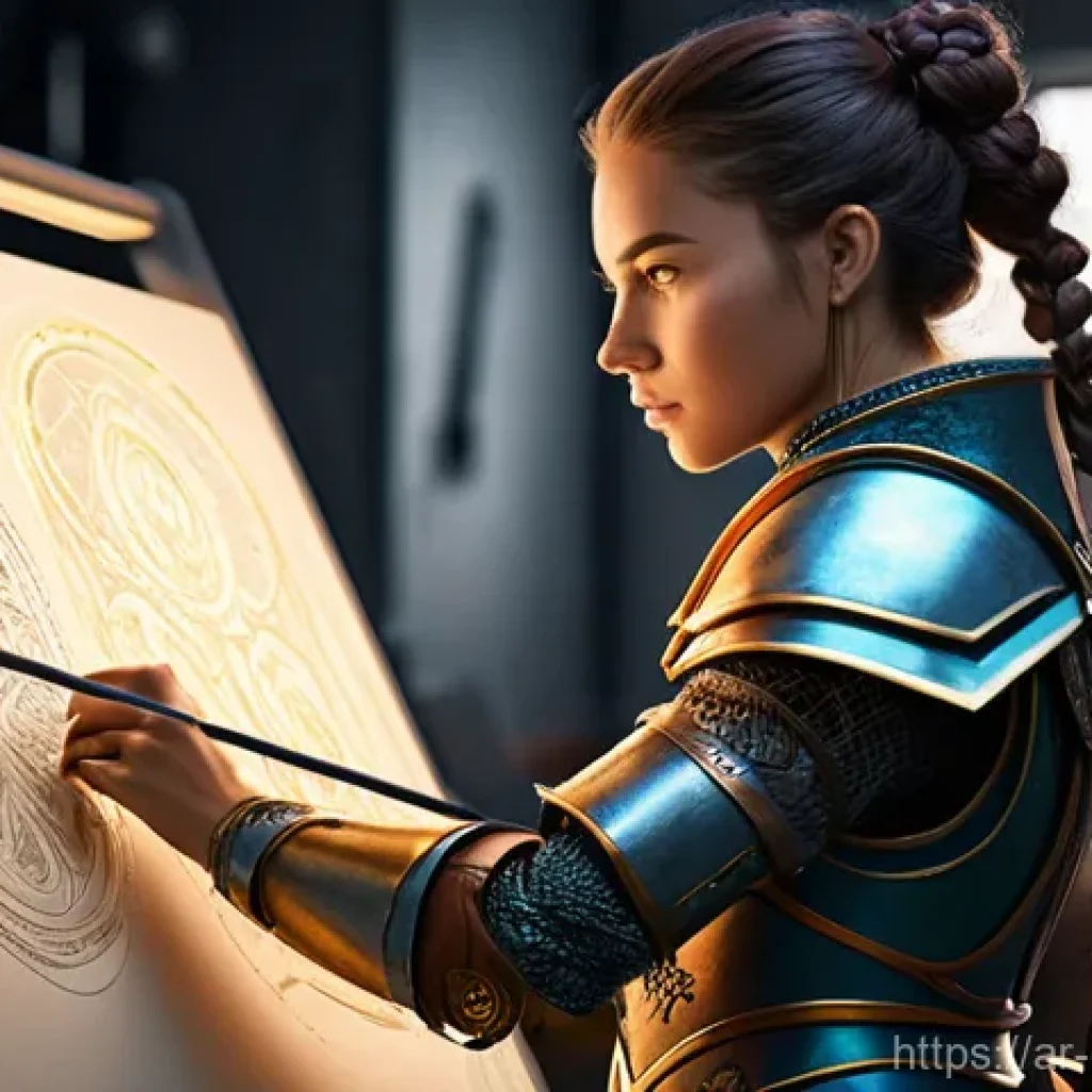 캐릭터 디자인과 코스프레 디자인 - **Prompt:** A character designer, a woman in her late 20s, intensely focused on a large digital draw...