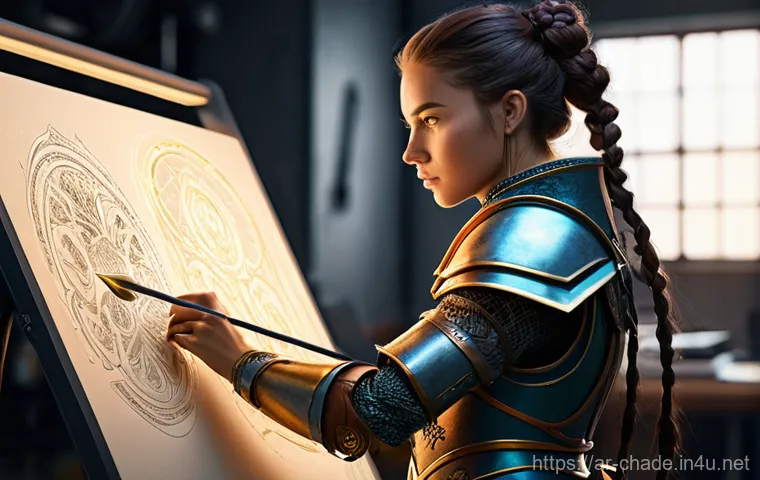 캐릭터 디자인과 코스프레 디자인 - **Prompt:** A character designer, a woman in her late 20s, intensely focused on a large digital draw...