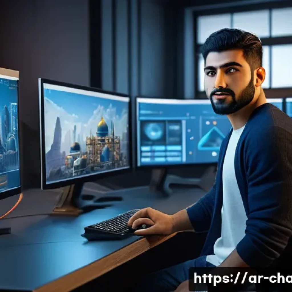 캐릭터 디자인의 실질적 취업 시장 - A professional character designer working in a modern Arab creative studio, surrounded by digital sc...