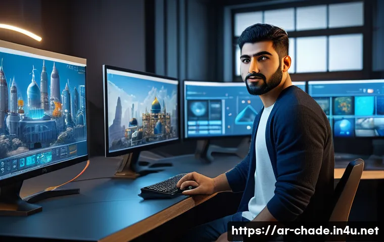 캐릭터 디자인의 실질적 취업 시장 - A professional character designer working in a modern Arab creative studio, surrounded by digital sc...