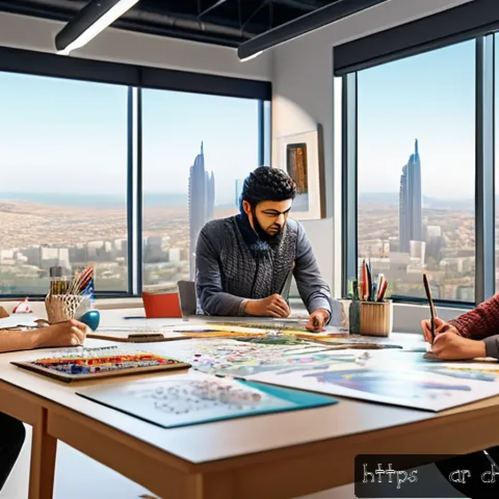 캐릭터 디자인 실습과 교육의 상호 작용 - A detailed digital art scene featuring a diverse group of Arab artists collaborating in a modern cha...