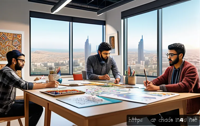 캐릭터 디자인 실습과 교육의 상호 작용 - A detailed digital art scene featuring a diverse group of Arab artists collaborating in a modern cha...