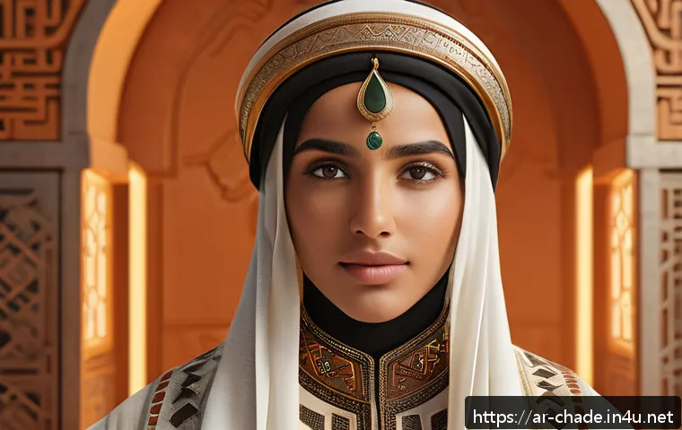 캐릭터 디자인의 철학적 요소와 트렌드 - A modern digital character inspired by Arabic cultural heritage, wearing traditional attire with int...