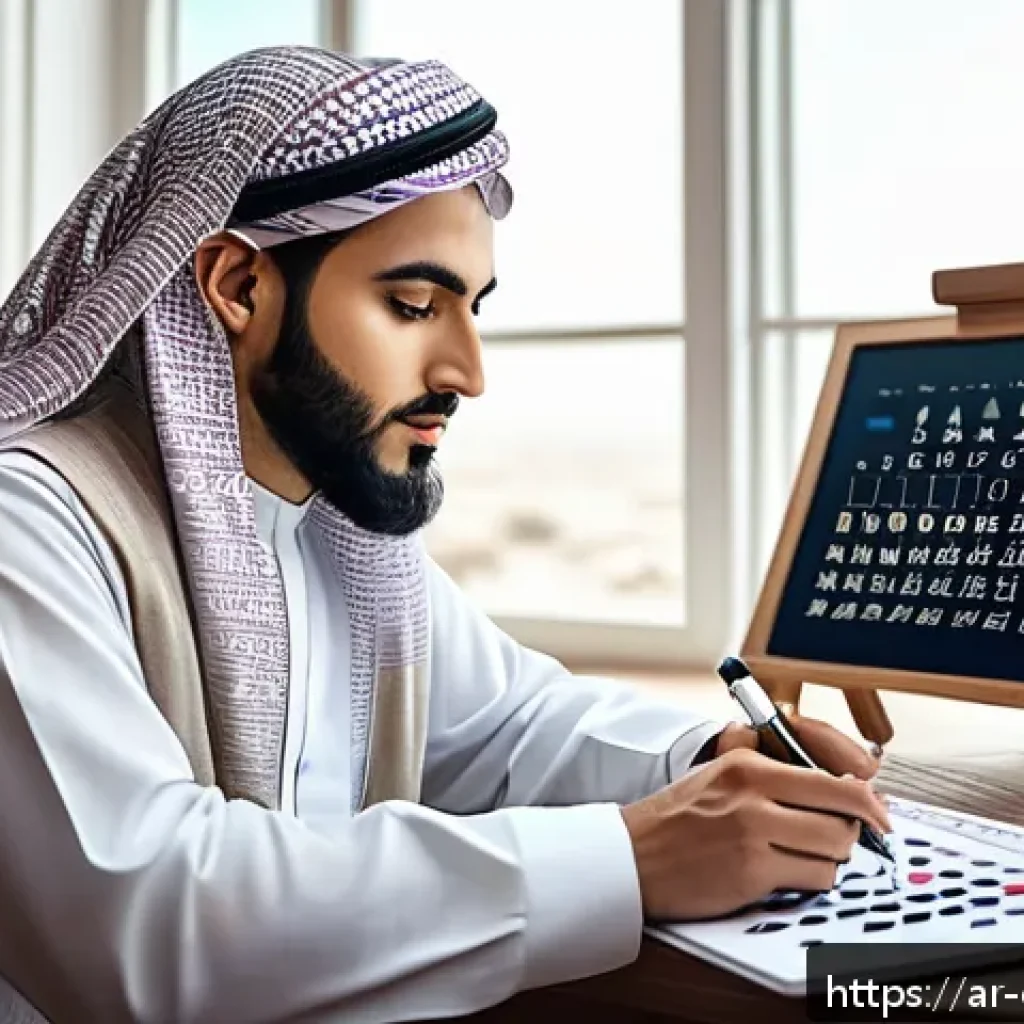 캐릭터 디자인 작업에서 시간 관리 - A focused digital artist in a quiet, modern studio designed for creative work, surrounded by Arabic ...