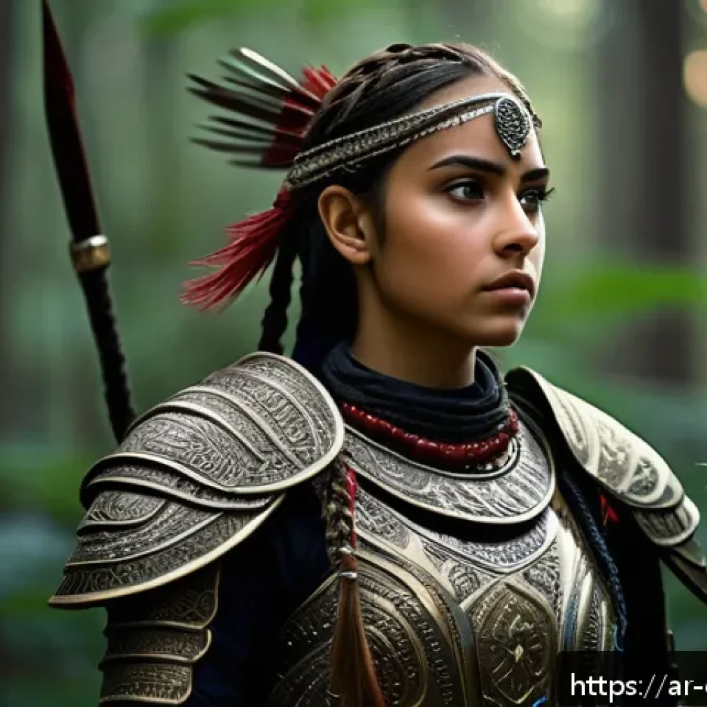 캐릭터 디자인과 판타지 설정 - A Middle Eastern female fantasy warrior standing confidently in a dark enchanted forest at dusk, wea...