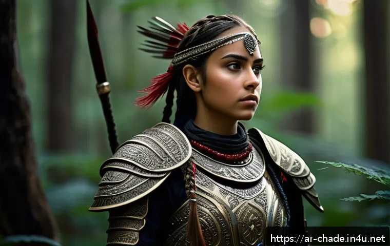 캐릭터 디자인과 판타지 설정 - A Middle Eastern female fantasy warrior standing confidently in a dark enchanted forest at dusk, wea...