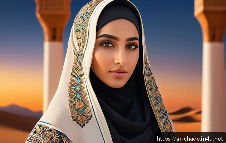 캐릭터 디자인과 디지털 일러스트의 융합 - A detailed digital character design of a young Arab woman in modern modest attire, featuring traditi...