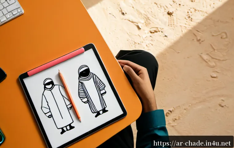 캐릭터 디자인 인스타그램 운영 팁 - Photorealistic overhead view of a young Arab character designer in modest contemporary clothing arra...