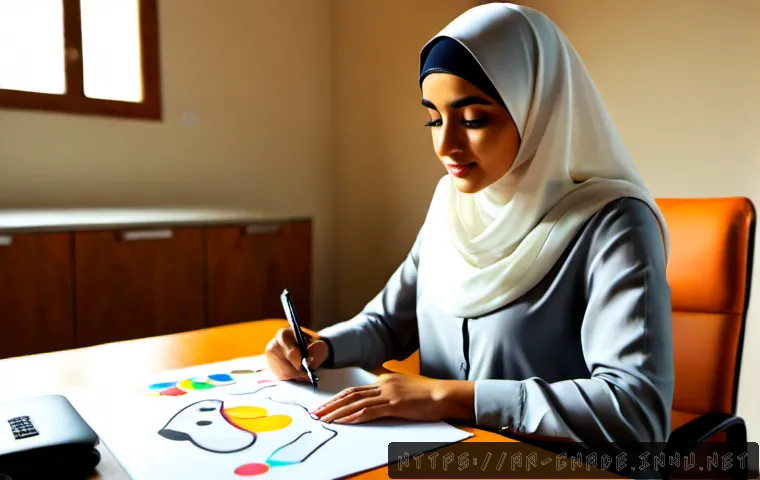 캐릭터 디자인 프리랜서 계약서 작성 사례 - Photorealistic freelance character designer in a modern Gulf home office, modestly dressed Arab woma...
