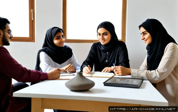 캐릭터 디자인의 학문적 연구 트렌드 - Photorealistic university research studio in an Arab city, diverse Arab graduate students and a midd...