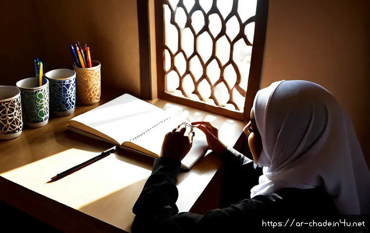 캐릭터 디자인 실무 일기 - Photorealistic editorial scene of an Arab character designer documenting a daily creative workflow a...
